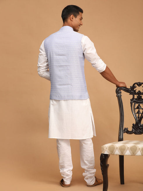 Vastramay Men's Lavender Jacquard Nehru Jacket with Kurta Pyjama Set